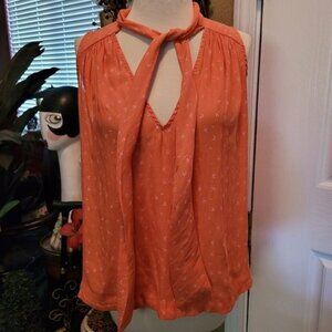 Free People Blouse Tank Top Orange Pink Floral Print Sleeveless Necktie XS